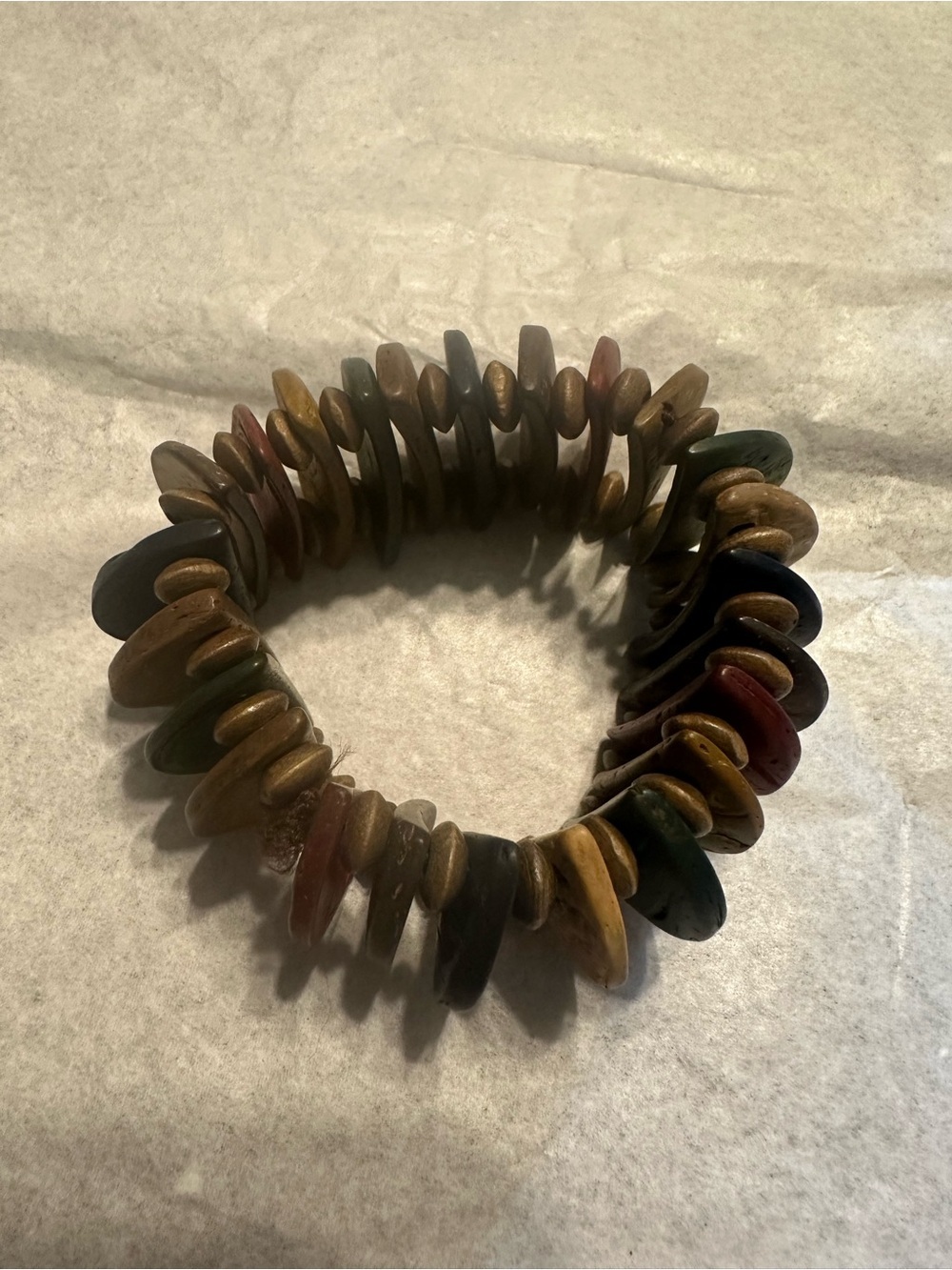 Vintage Multicolor Wooden Disc Stretch Bracelet - Red, Green, Brown - Picture 2 of 3